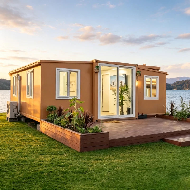 Movable Folding Container House 30ft 2 Bedrooms 1 Bathroom Kitchen Cabinets Breathable Wrap-Around Deck Contemporary Mobile