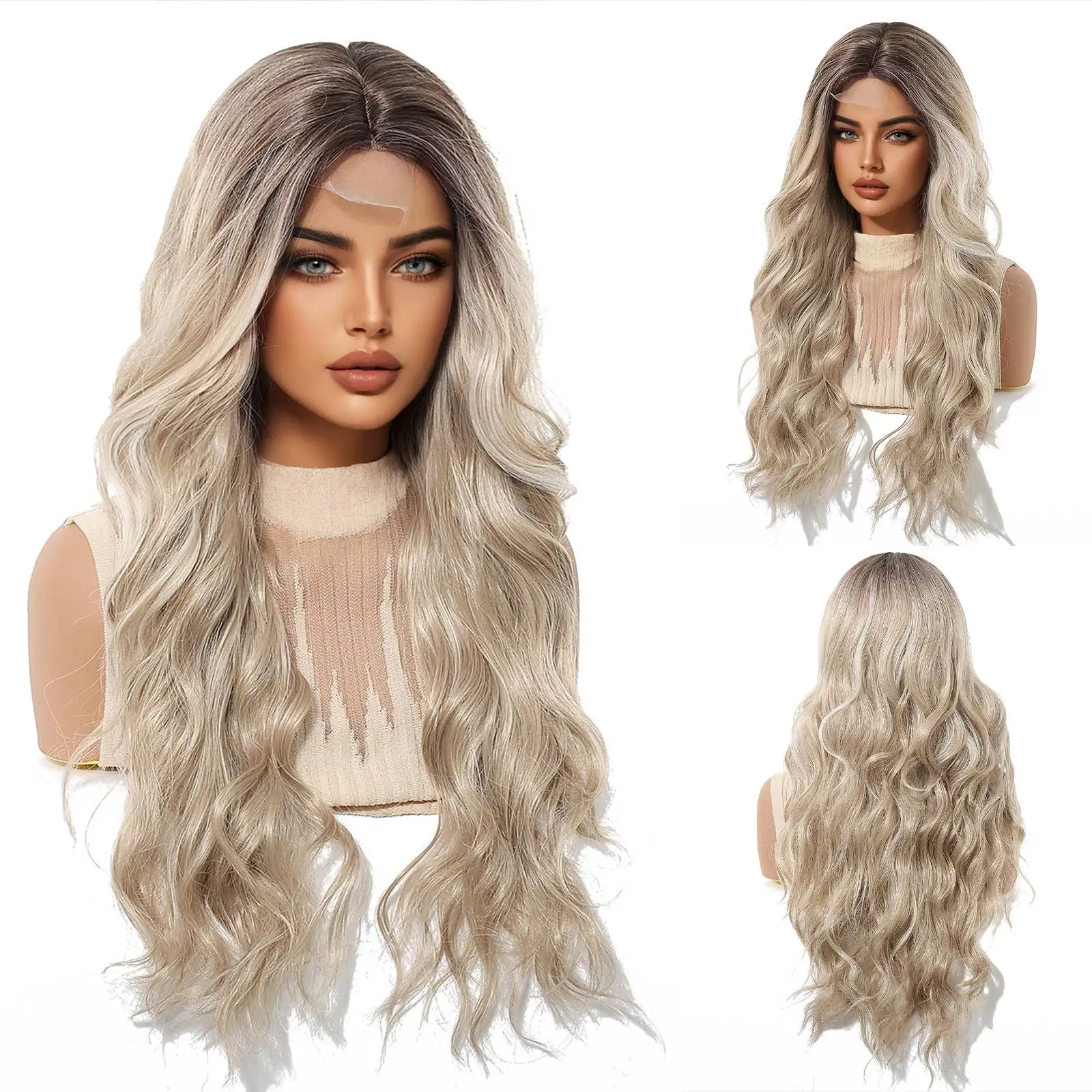 

Topshe 26 Inch Ombre Ash Blonde Lace Front Wig, Ships from USA, Glueless Middle Part Loose Wave Synthetic Wig