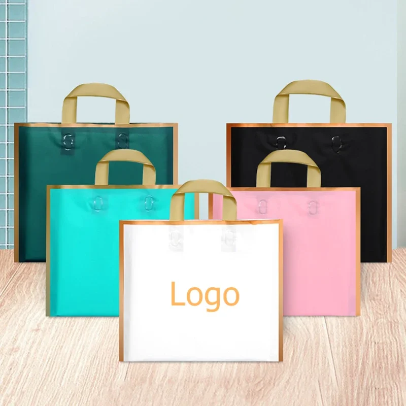 

200pcs Customized Logo Plastic Bag With Handle Large Clothing Packing Bags Matte Golden Frame Gift Package Bag With Your logo