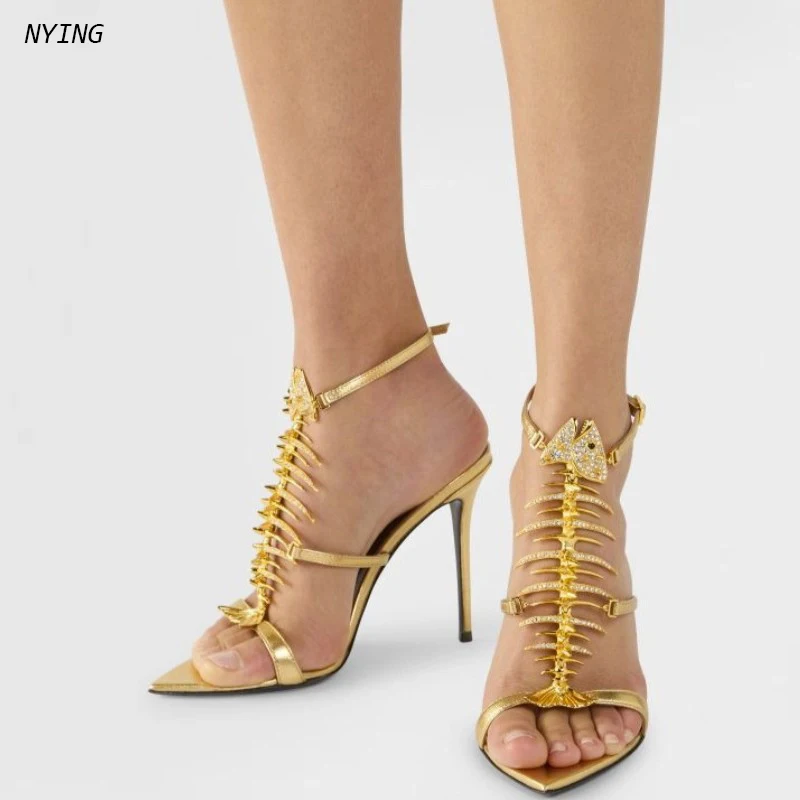 Gold Fish Bone Rhinestone Ankle Strap Sandals Women Pointed Toe Stiletto High Heels Metal Texture Buckle Party Dress Heels