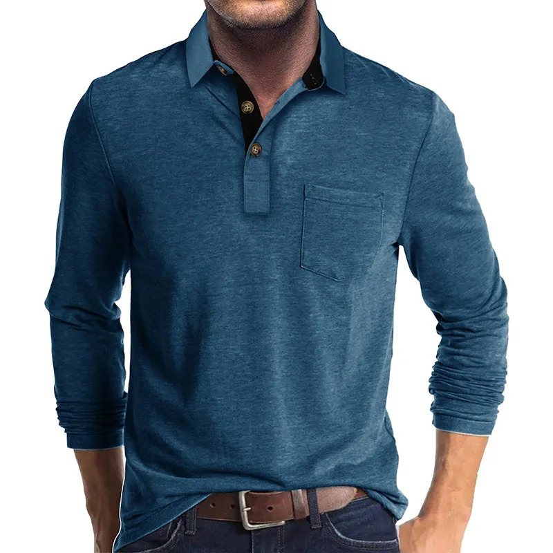 Frühling Trend männer Langarm Casual T-shirt Solide Revers Button Up Pullover Tops Herbst Drehen Unten Kragen Bodenbildung Polo-Shirt – Detail 31