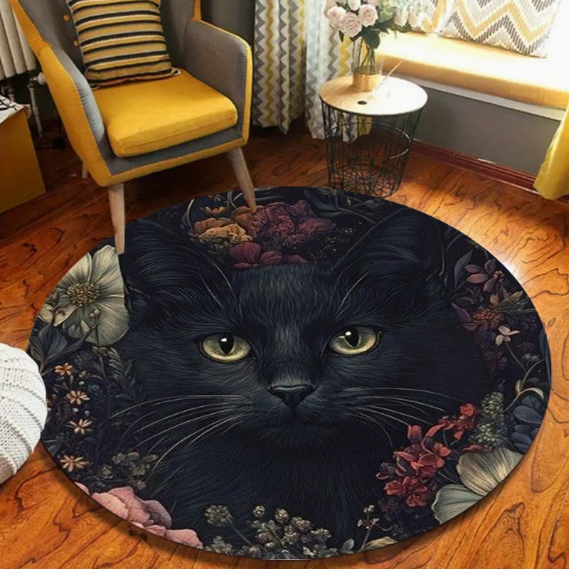 Round Black Cat Floral Pattern Carpet Mat Rug Vintage Home Decoration Living Room Bedroom Floor Decor Indoor Soft Non-Slip Area