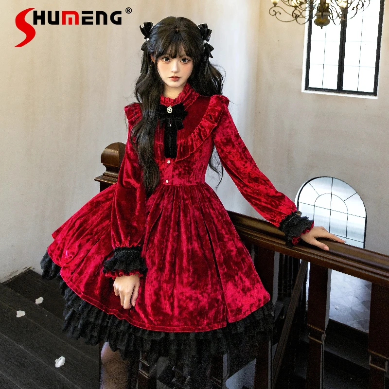 

Spring Lady Fashion Red Velvet Long Sleeve Dress Women's High Waist Slimming Elegant Retro Short Dress Bow Lace Princess Dress