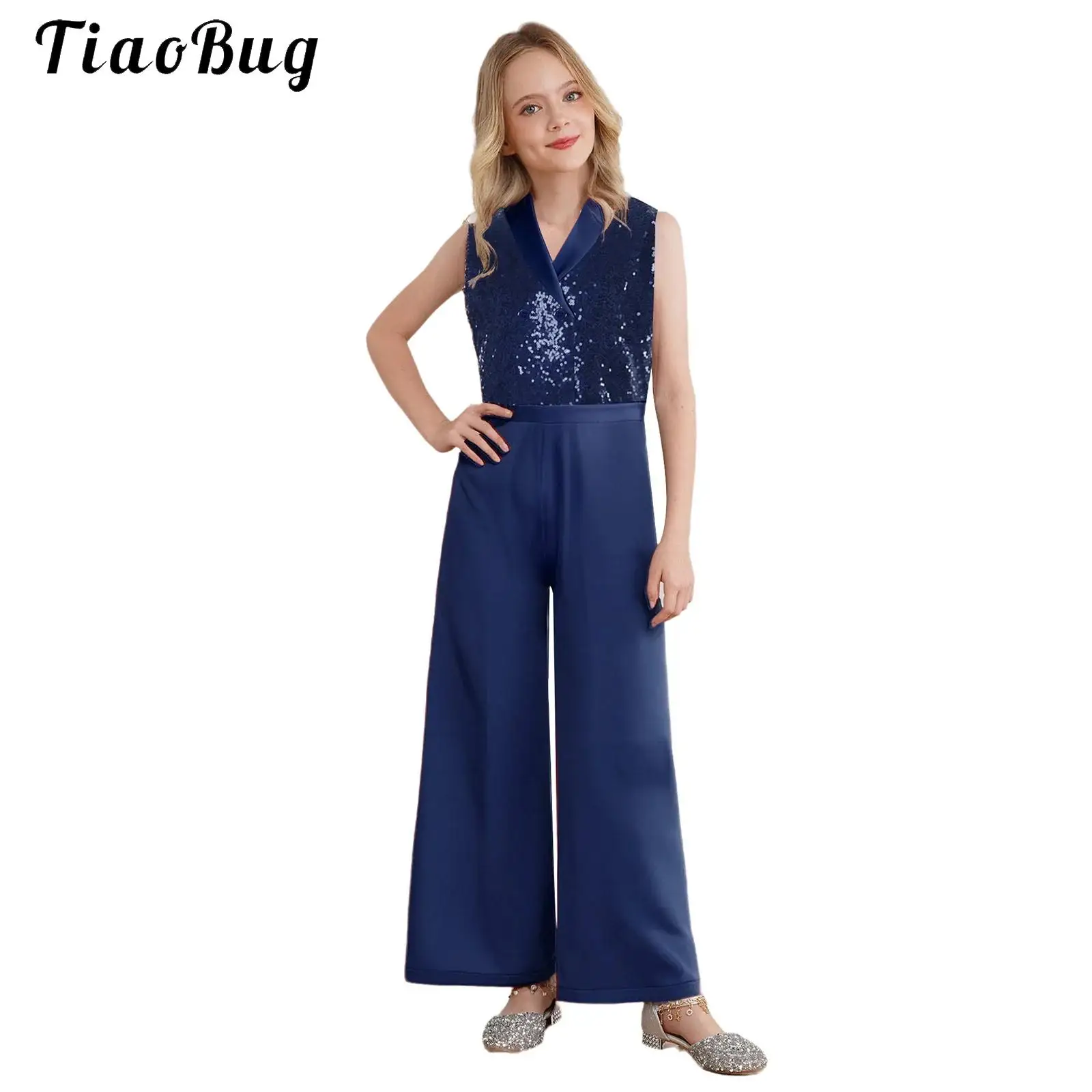 

Kids Girls Shiny Sequin Jumpsuit Pageant Romper Lapel Sleeveless Formal Party Prom Playsuit Wide Leg Pants Fancy Full Bodysuit