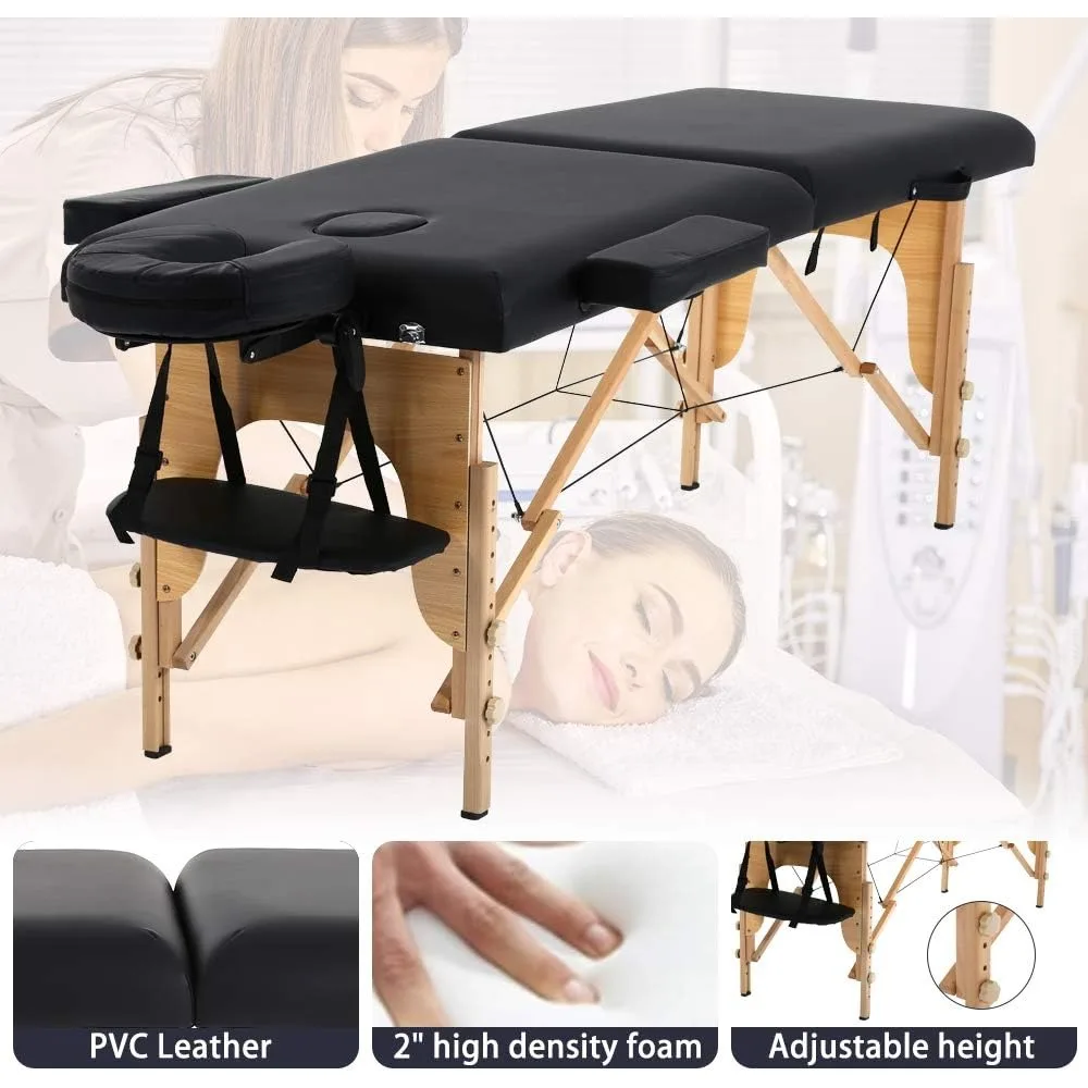 Dkeli Portable Massage Table Spa Bed Folding 84 Inch Height Adjustable 2 Fold Massage Bed with Carry Case PU Leather