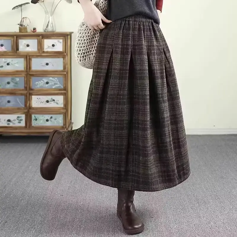 Retro Color Woven Skirt For Women 2024 Autumn And Winter Warm Woolen Medium Long A-Line Plaid Skirt Casual Large Size Falda A437