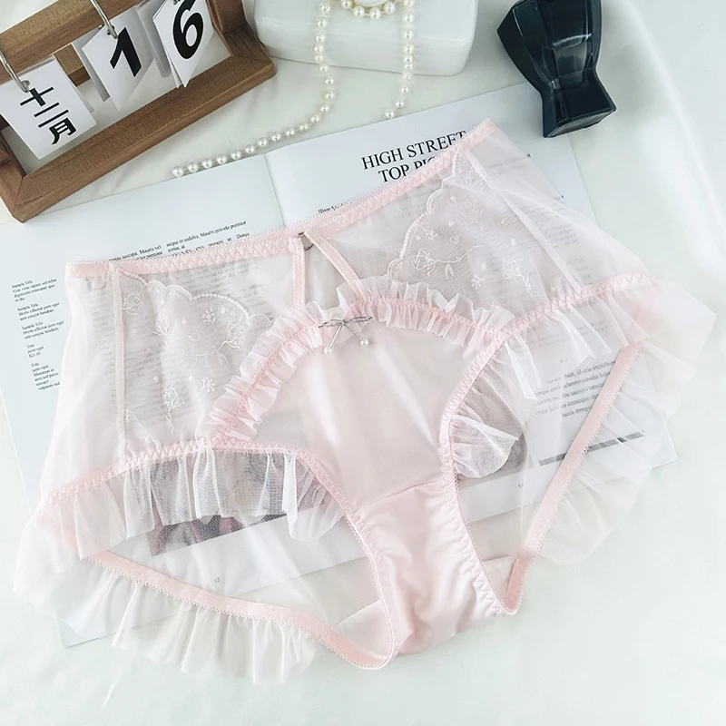 Braguitas de malla transparente de talle medio para mujer, talla 3XL, con volantes de tul y lazo de perlas, estilo dulce y lindo Lolita, ropa interior seductora y fina.