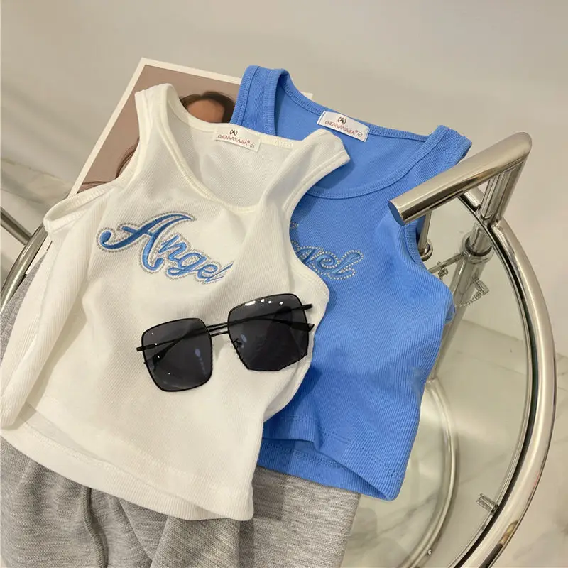 

Cute Angel Letter Embroidered Vest For Women Summer White Black Blue Sleeveless T-shirt Girls Fashion Tanl Tops Streetwear 2025