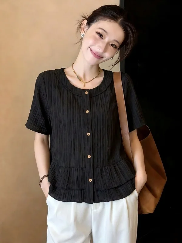 

Elegant Black Short Sleeve Women's Shirt Shoulder Line Design Summer New plus Size Frou Frou Hemline Top Korean Style Commute