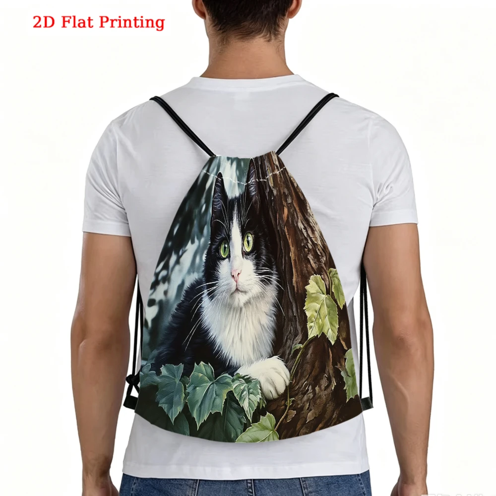 Cute Cat Pattern, Drawstring Backpack, 2D Flat Printing Black And White Kitten Design, Gym Sports Bag, Outdoor Travel Sack