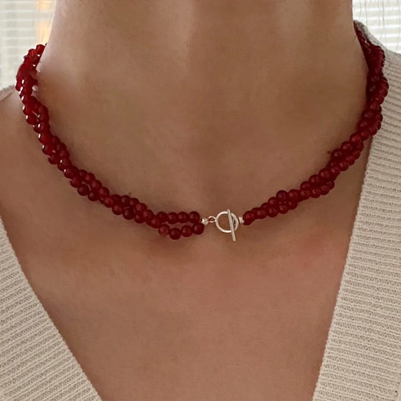 Minar Handmade Red Color Agate Natural Stone Twist Rope Chain Double Layers Beaded Necklace for Women Silver Toggle Clasp Choker