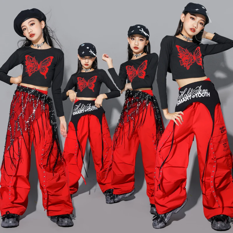 Girl Jazz Group Clothes Sets Hip Hop Sequin Crop Sweatshirt Cargo Pants Child Street Dance Costume Kids K-pop Streetwear Outfits