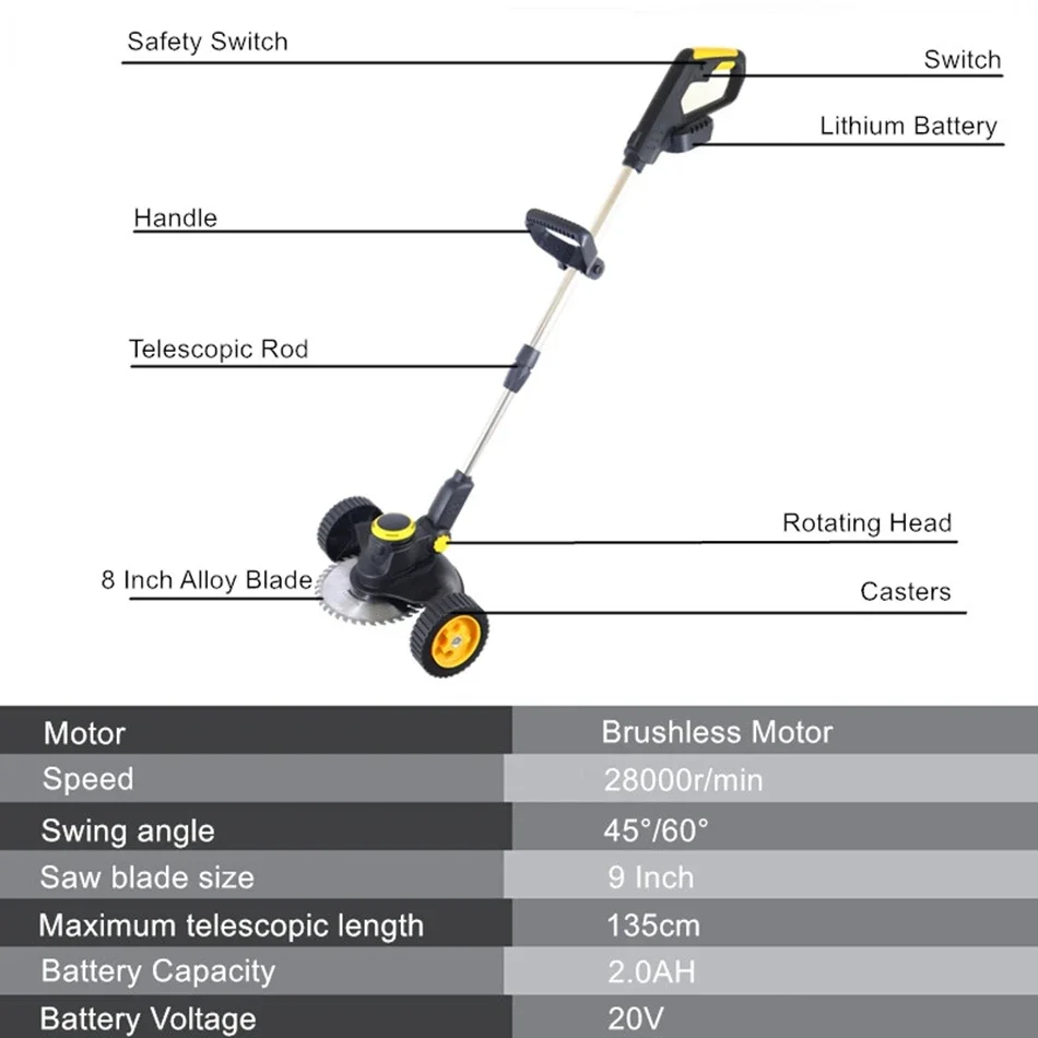 Cordless Wheel Electric Lawn Mower Brushless Motor Grass Trimmer Adjustable Length Angle Telescopic Pruning Garden Tools