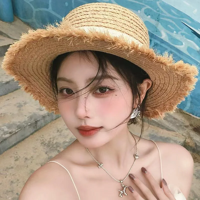 Mode handgemachte 100% natürliche Bast Dame Top große Krempe Strohhut Strand Mädchen Urlaub Panama Sonnencreme atmungsaktive Sonnenhut Großhandel – Detail 14
