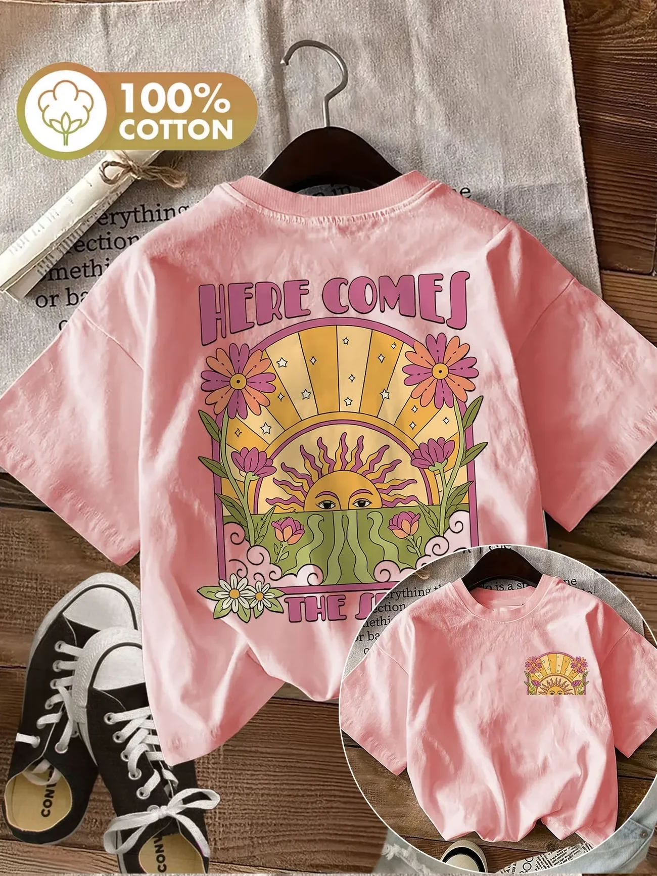 Retro Oversized Here Comes The Sun with Flower Print 100% Cotton Women's T-Shirt Casual Crew Neck Short Sleeve Top Tee Shirt