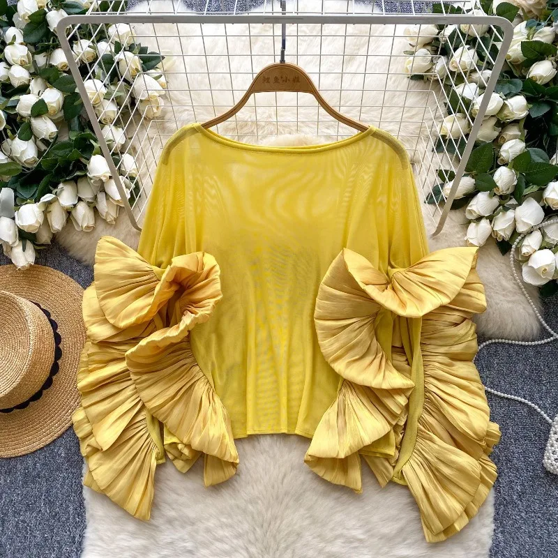 Women's Spring/Summer Top Shirt Ruffles Mesh Retro Simple Comfortable Loose Casual Design Fashion Advanced Soft Niche Versatile