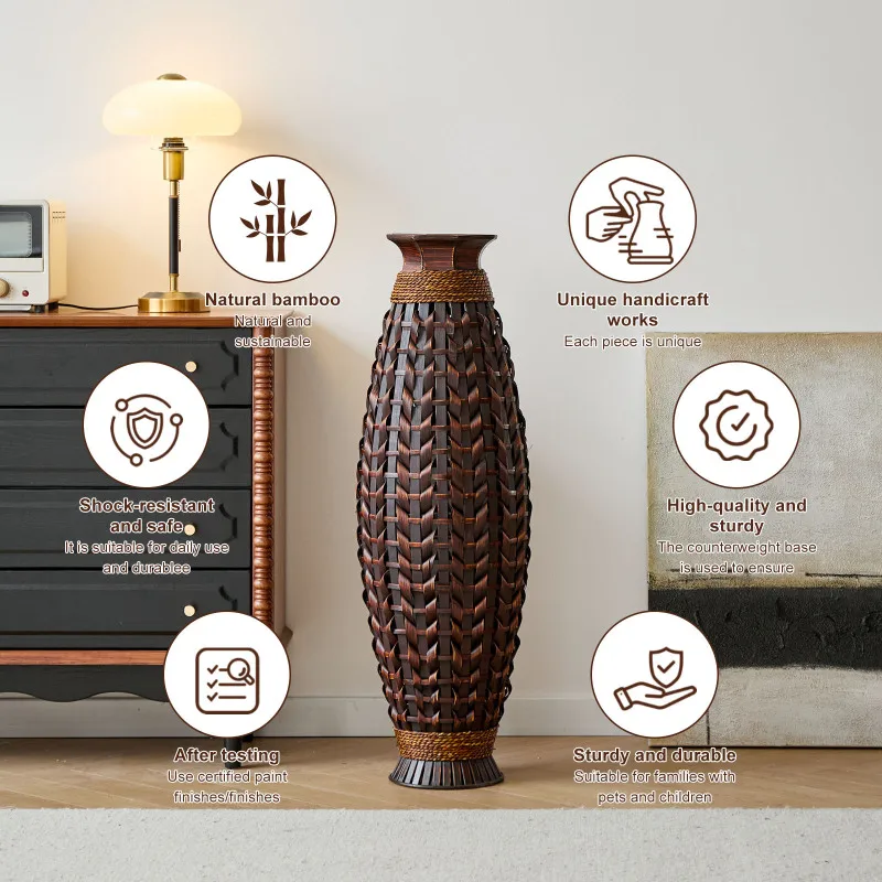 Handwoven Natural Bamboo Floor Vase, 38.97" Tall Boho Decorative Vase for Living Room Entryway, Rustic Farmhouse Woven Vase for Pampas Grass & Dried Branches view 6