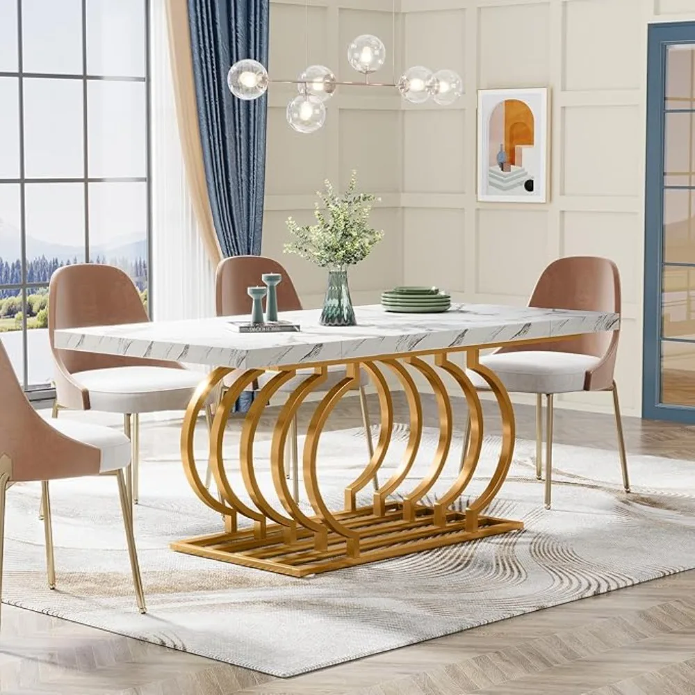 Modern Dining Table, 63 inch Faux Marble Wood Kitchen Table for 6 People,