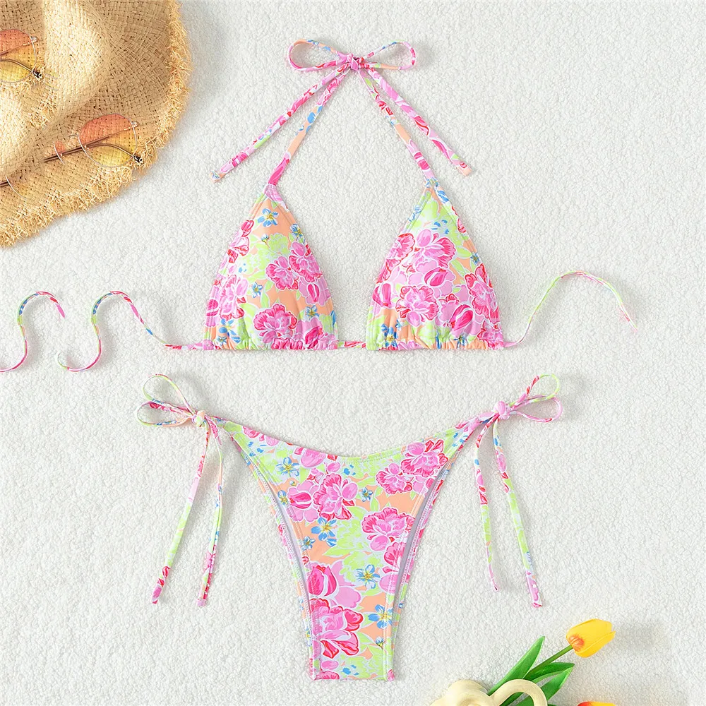 

Pink Flower Floral Print Swimwear Halter String Micro Thong Bikini 2025 Sexy Swimsuit Women Bathing Suit Triangle Bikinis Sets