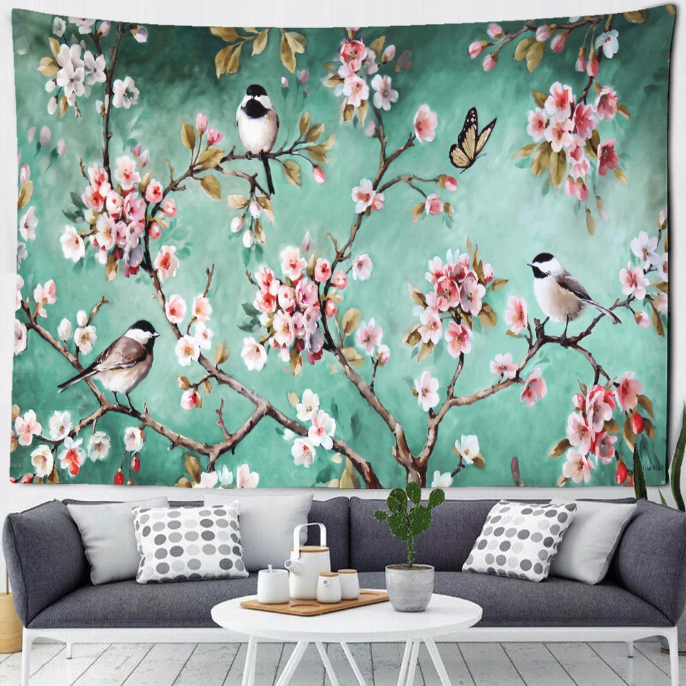 Flower Bird Oil Painting Tapestry Spring Pink Cherry Blossoms Wall Hanging Cloth Floral Sparrow Home Bedroom Decor Tapestries