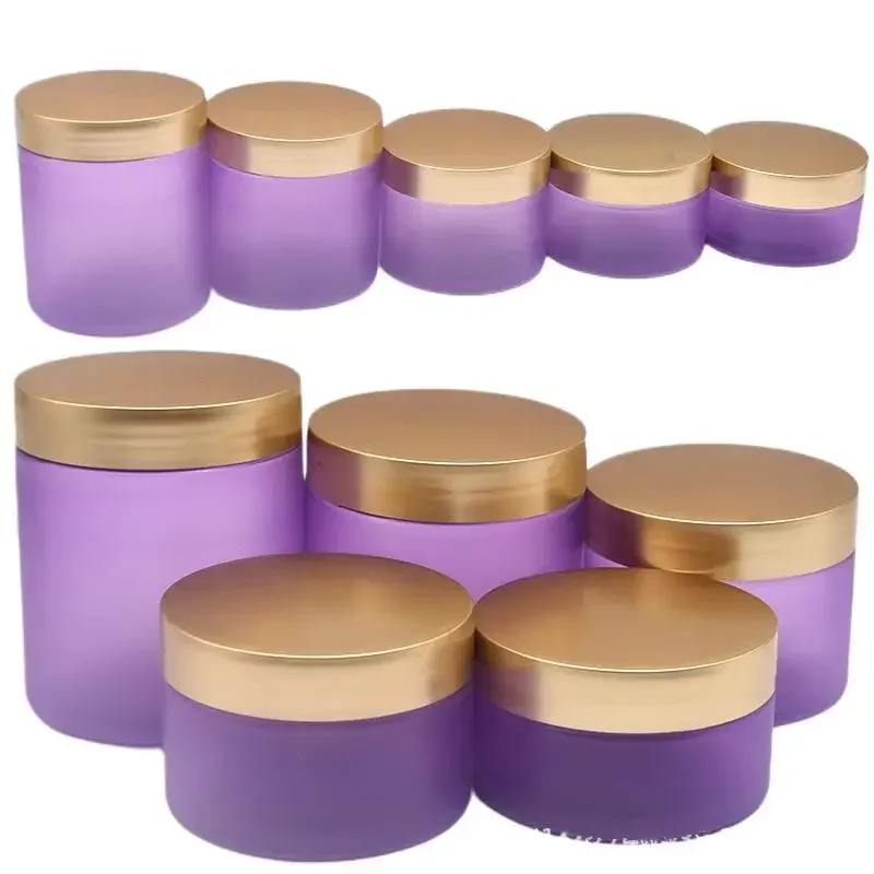 

Empty Cosmetic Cream Jar Purple Frosted Face Facial Mask Pot Body Scrub 100/120/150/200/250g PET Plastic Jar with Gold Lid 20pcs