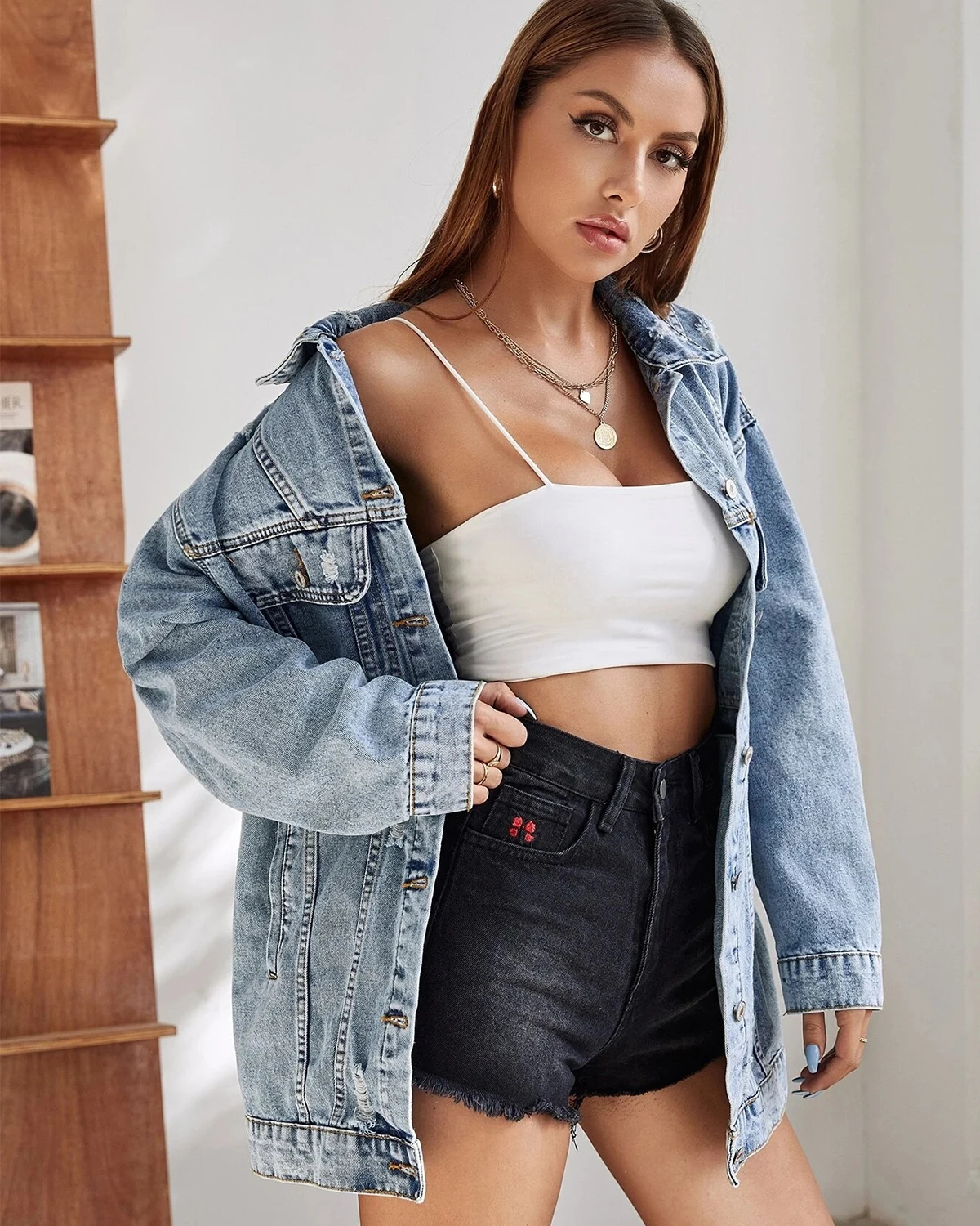 FTLZZ Spring Autumn Casual Women Denim Jacket Vintage Lady Lapel Button Ripped Denim Jacket