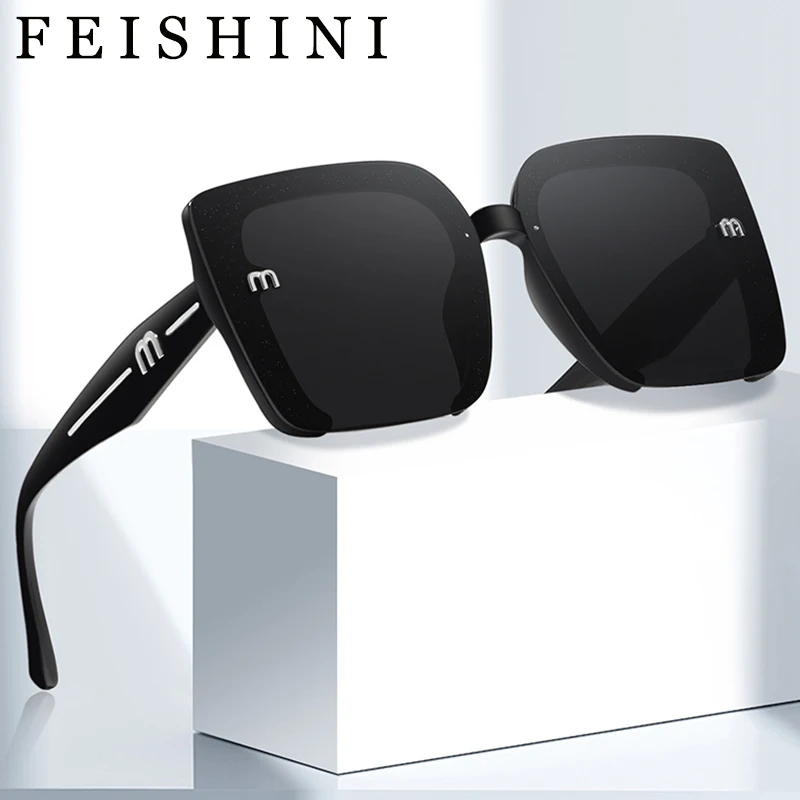 

Feishini Brand Luxury M letter Contracted Quality Square Sunglasses Women Oversized UV Protection Ladies Paris Fashion Glassees