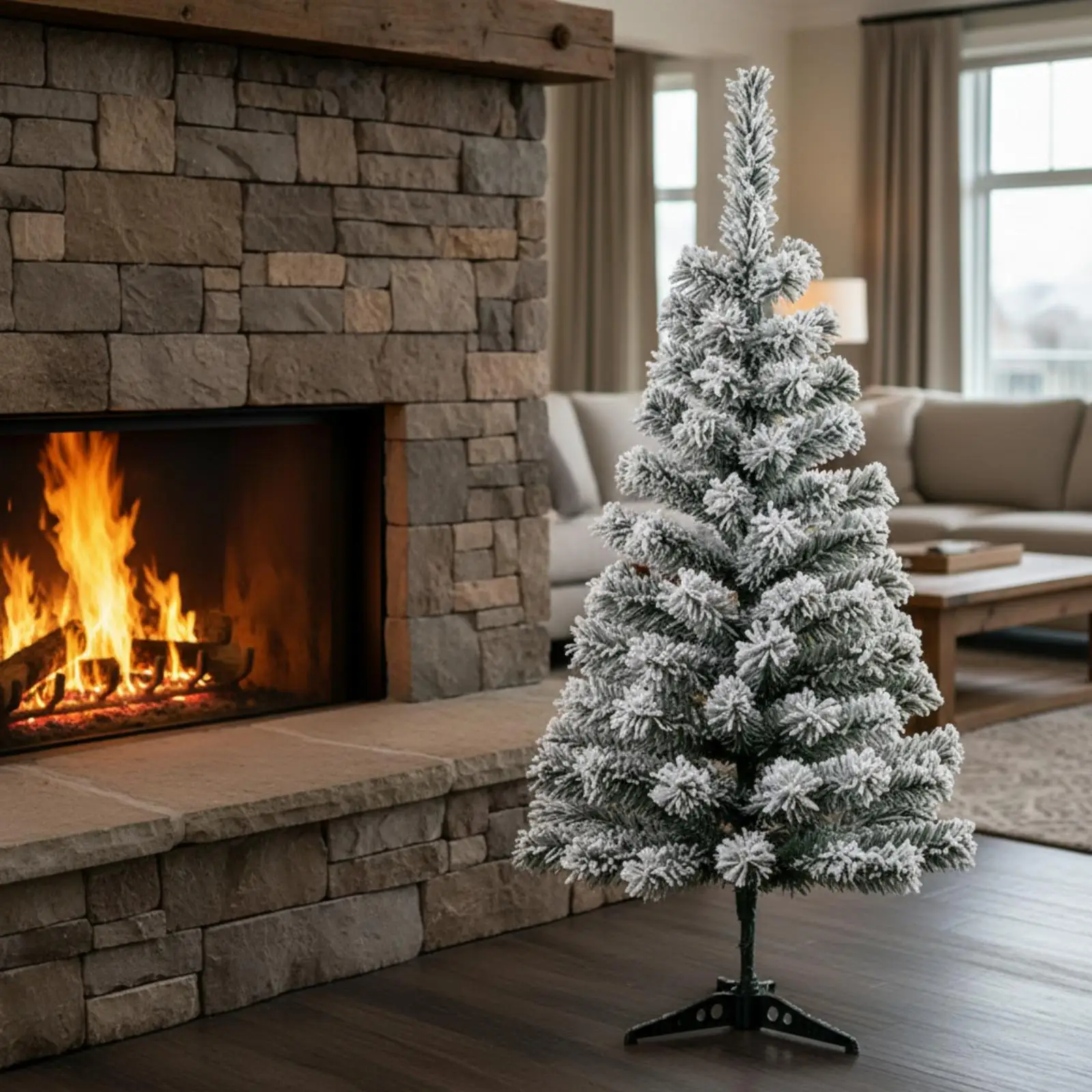 Tabletop Christmas Tree with Artificial Snow Sturdy Tripod Stand Compact Decor for Holiday Mantel Shelf Desk