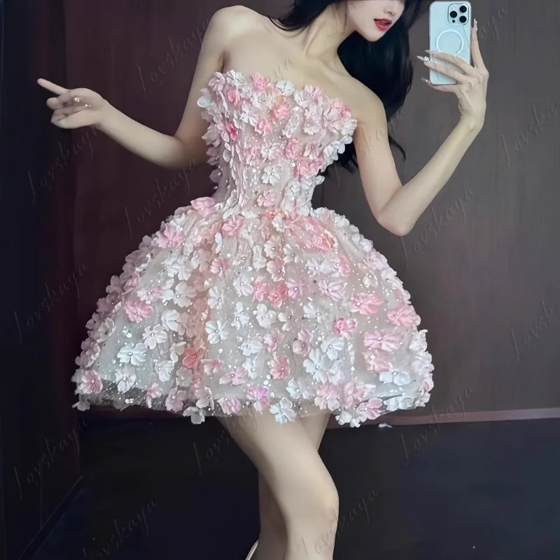 

New Tube Top Dress, Heavy Industry Three-dimensional Flower Bar Mitzvah Dress, High-end Light Luxury Niche Birthday Skirt
