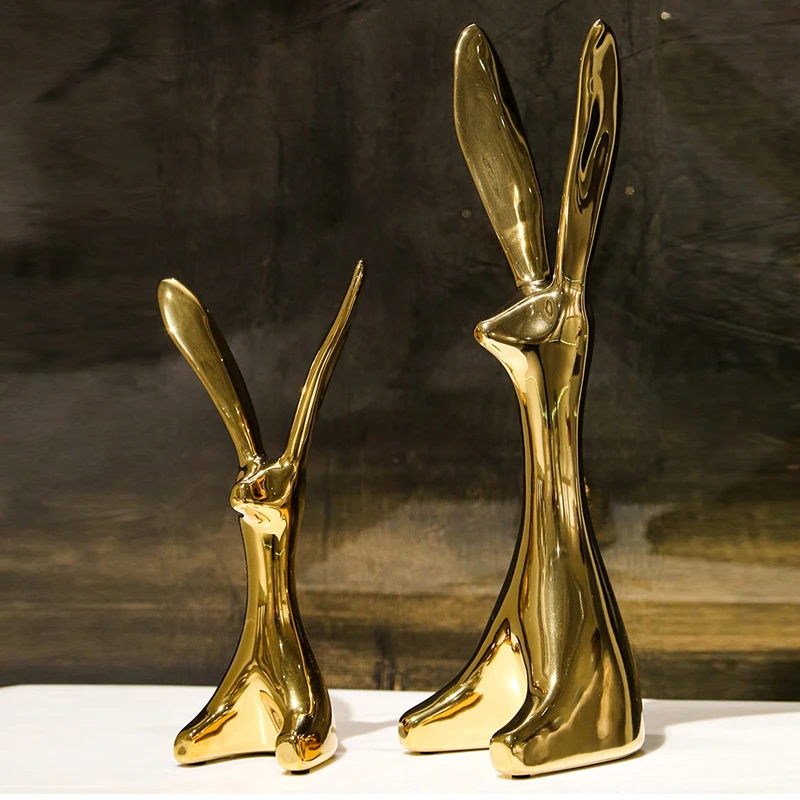 Electroplating Ceramic Golden Long Ears Rabbit Sculpture Crafts Ornaments Abstract Animal Figurines Cute Desktop Ornament