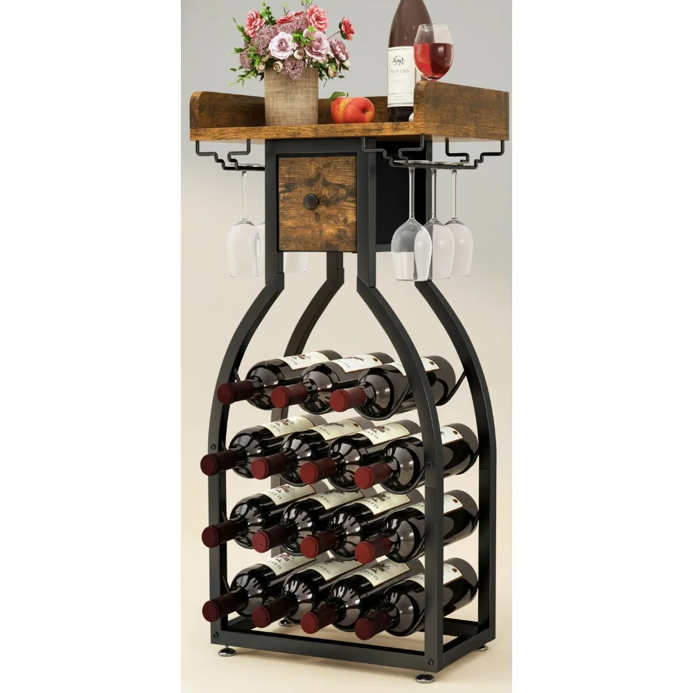 

15 Bottle Wine Rack with Glass Holders & Storage Drawer, Rustic Brown Floor Cabinet for Home Bar Kitchen