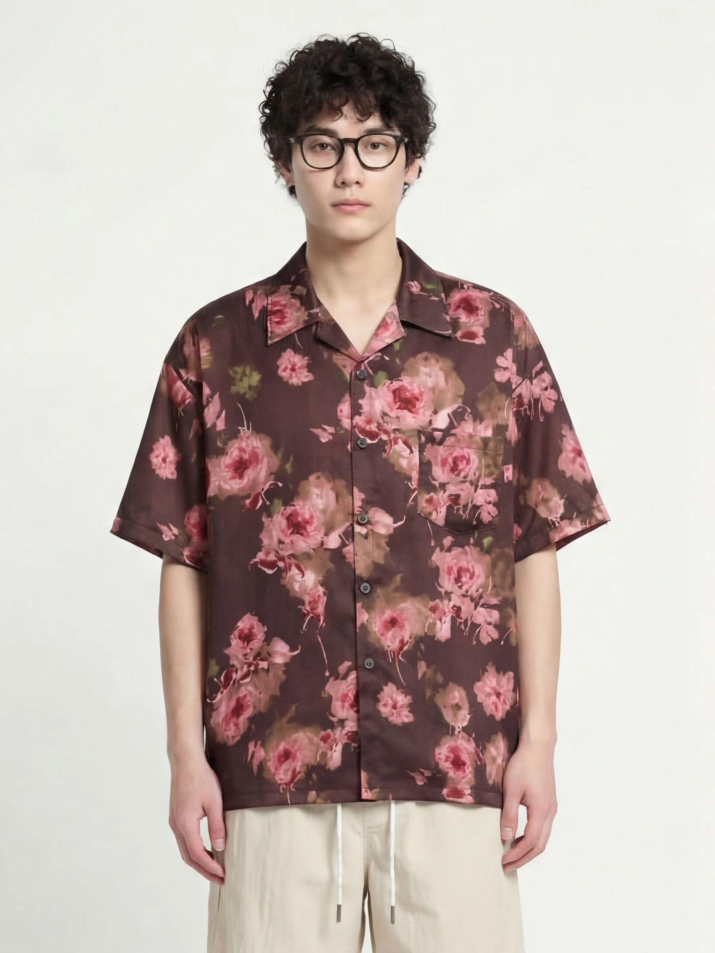 

Loose Casual ort Sve irt from Romantic Retro Rose Print ex Breathable Polyester Fiber Spring Autumn Wear