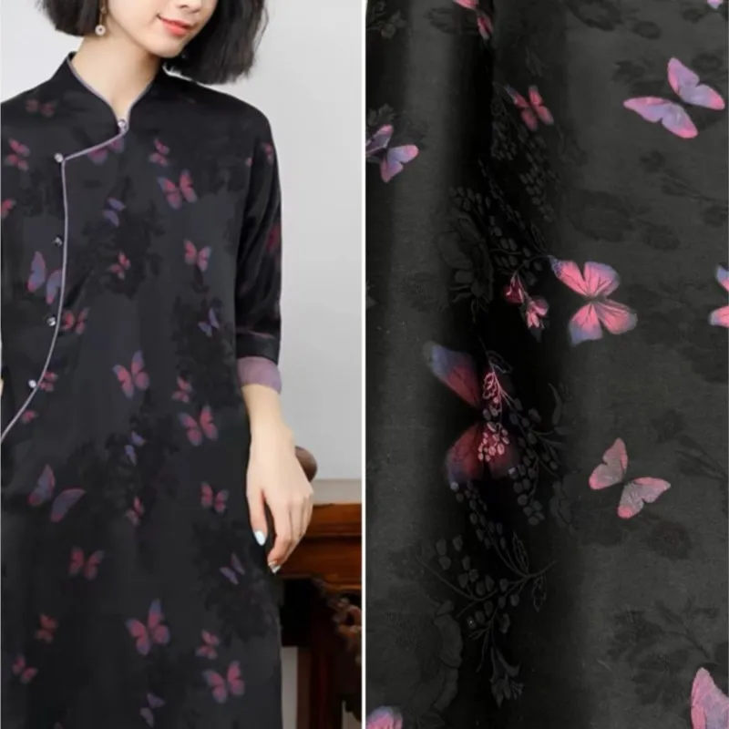 Black purple silk flower Luoxiang gauze cheongsam dress fabric summer casual fashion Chinese