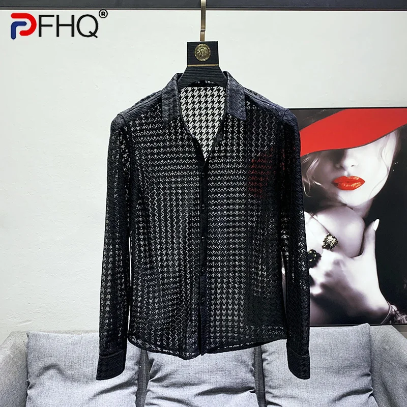 PFHQ 2023 Spring Trendy Elegant Mesh Cut-out Shirt Men\'s Slim Fit Long Sleeve Tops Design Clothes Fashion Original High Quality