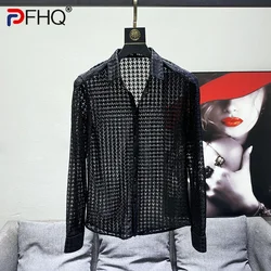 PFHQ 2023 Spring Trendy Elegant Mesh Cut-out Shirt Men's Slim Fit Long Sleeve Tops Design Clothes Fashion Original High Quality