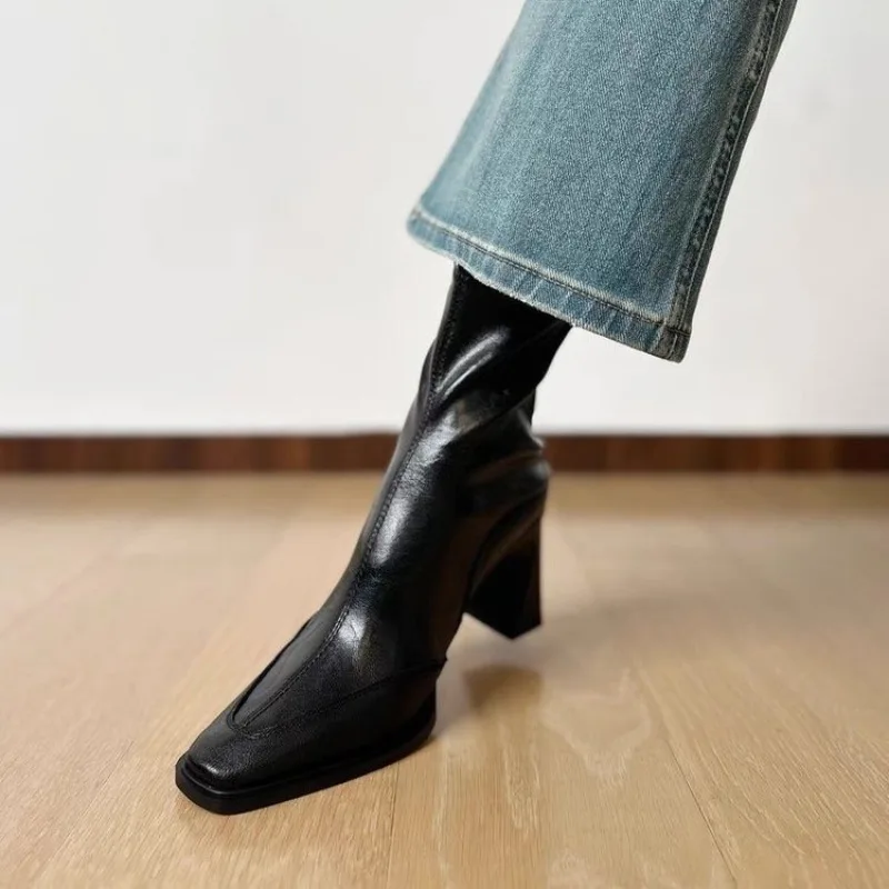 حذاء بكعب عريض أنيق بمقدمة مربعة وسحاب خلفي ونعل ناعم وكعب عالٍ نحيف مقاوم للانزلاق ومقاوم للاهتراء #3