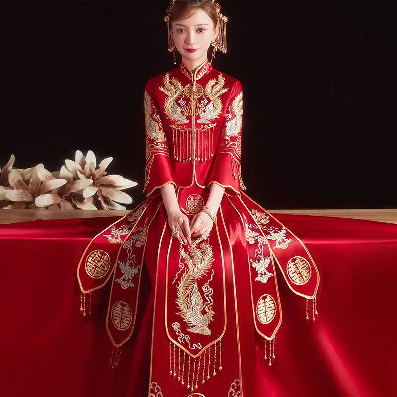 

Yourqipao New Xiuhe Clothing Bride Chinese Cheongsams Wedding Dress Luxury Dragon and Phoenix Bridal Gowns Wedding Toast Dress