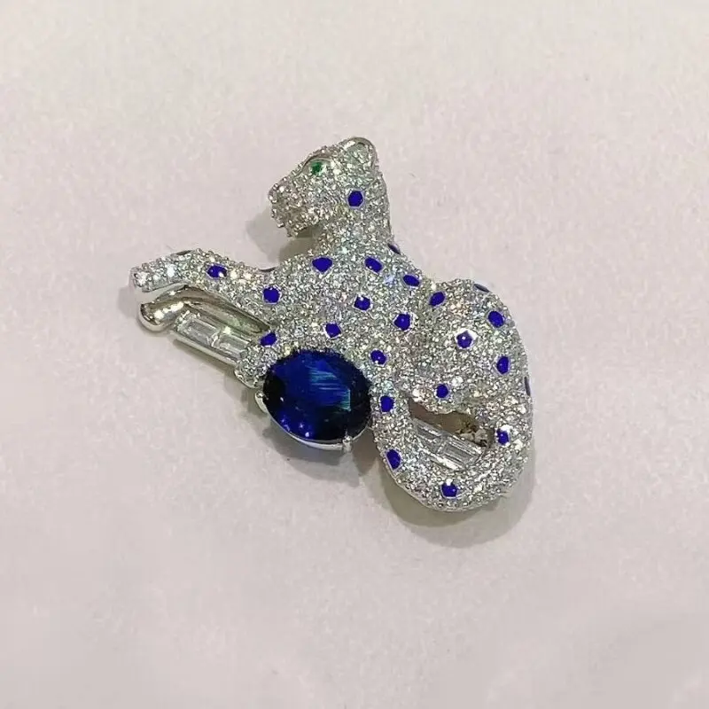 

ARIGAYA 925 Sterling Silver Cubic Zircon Blue Gemstone leopard animal brooches Fine Jewelry Accessories For Men And Women