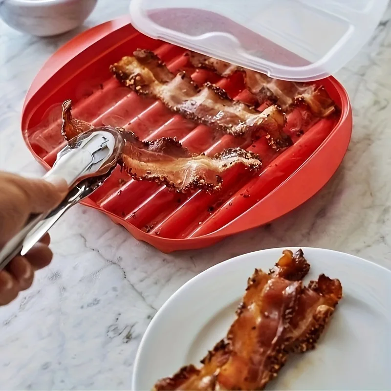 Bandeja para cocinar bacon en microondas con tapa antisalpicaduras, bandeja multifuncional para preparar alimentos en la cocina para pizza con bacon