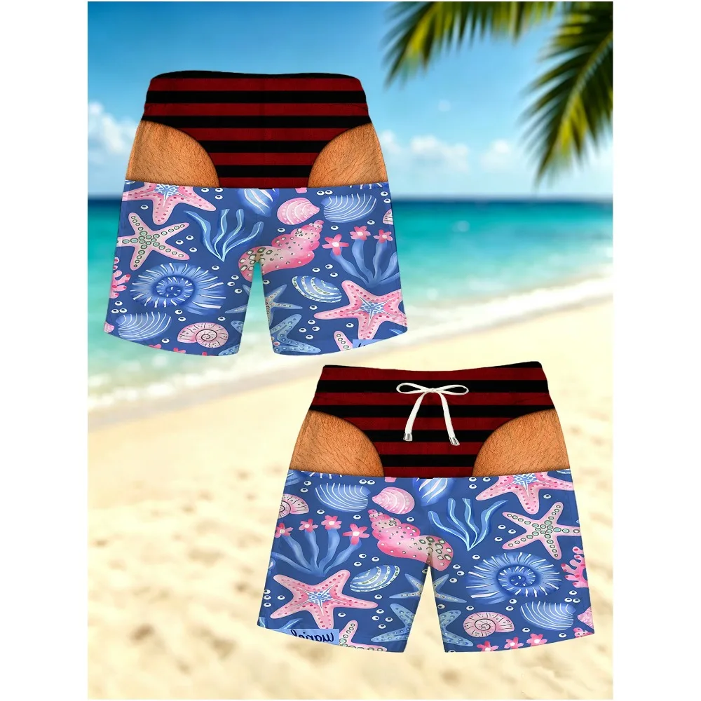 Men Funny 3D Print Beach Shorts, Ocean Starfish Shell Pattern, Novelty Butt Pocket Design Summer Swim Trunks