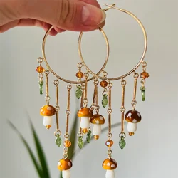 Groovy Accessories Colorful Boho Hippie Tassel Mushroom Leaves Dangle Earrings for Women Gold Mushroom Hoop Earrings