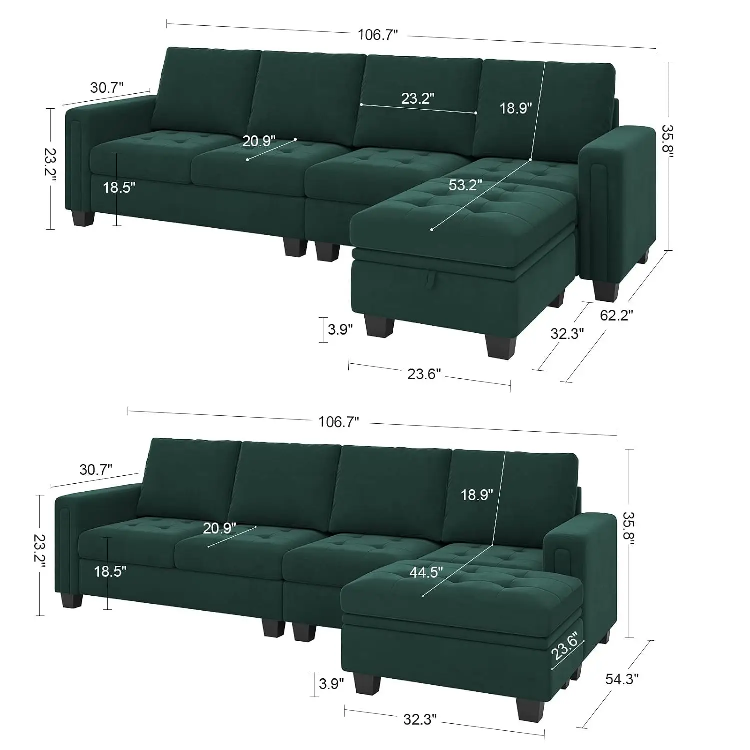 Velvet Reversible Sectional Sofa with Chaise Convertible L Shaped 4-seat with Storage Ottoman, Customized