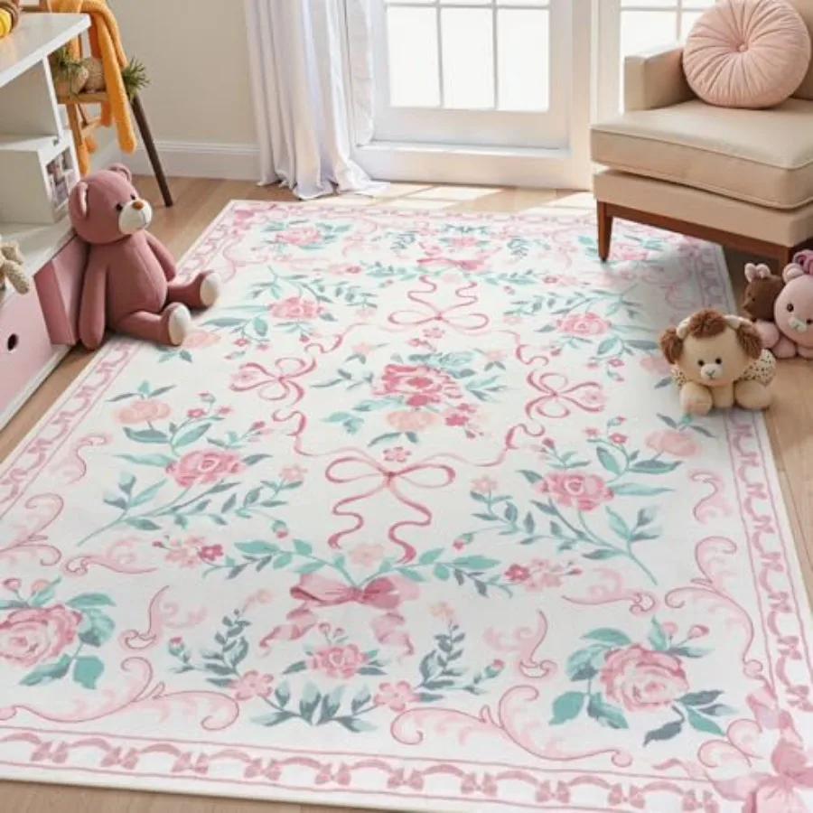 

Pink Floral Rugs for Bedroom Girls 5x7 Bow Nursery Rug for Dorm Washable Area Rug for Living Room Cute Ultra-Thin Non Slip Indo