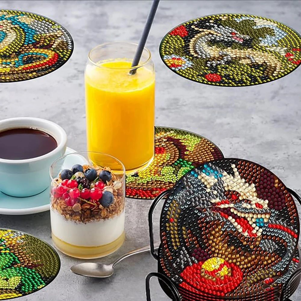 8 pieces/set Dragon Diamond Painting Cup Mat Set, DIY Cup Mat with Bracket for Beginners, Art and Craft Supplies Gift