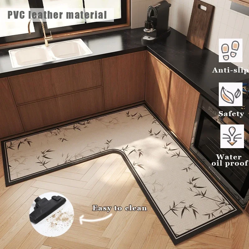 

New Chinese L-shaped Kitchen Floor Mat Waterproof Oil-proof Non-slip PVC Leather Soft Rug Dirt-resistant Balcony Carpet Alfombra