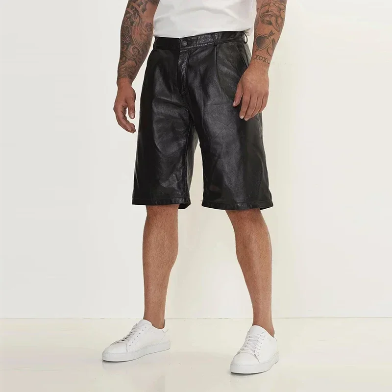 Black Matte Faux Leather Men Loose Straight Shorts Male Mid Waist Quarter Hot PU Short Pants New Casual Entertainment Custom