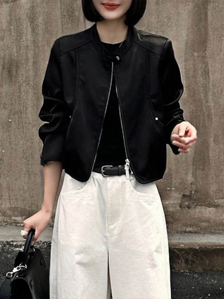 Retro Hong Kong Style Short PU Leather Jacket Women's Spring Autumn New Korean Version Long Sleeve Motorcycle Clothes