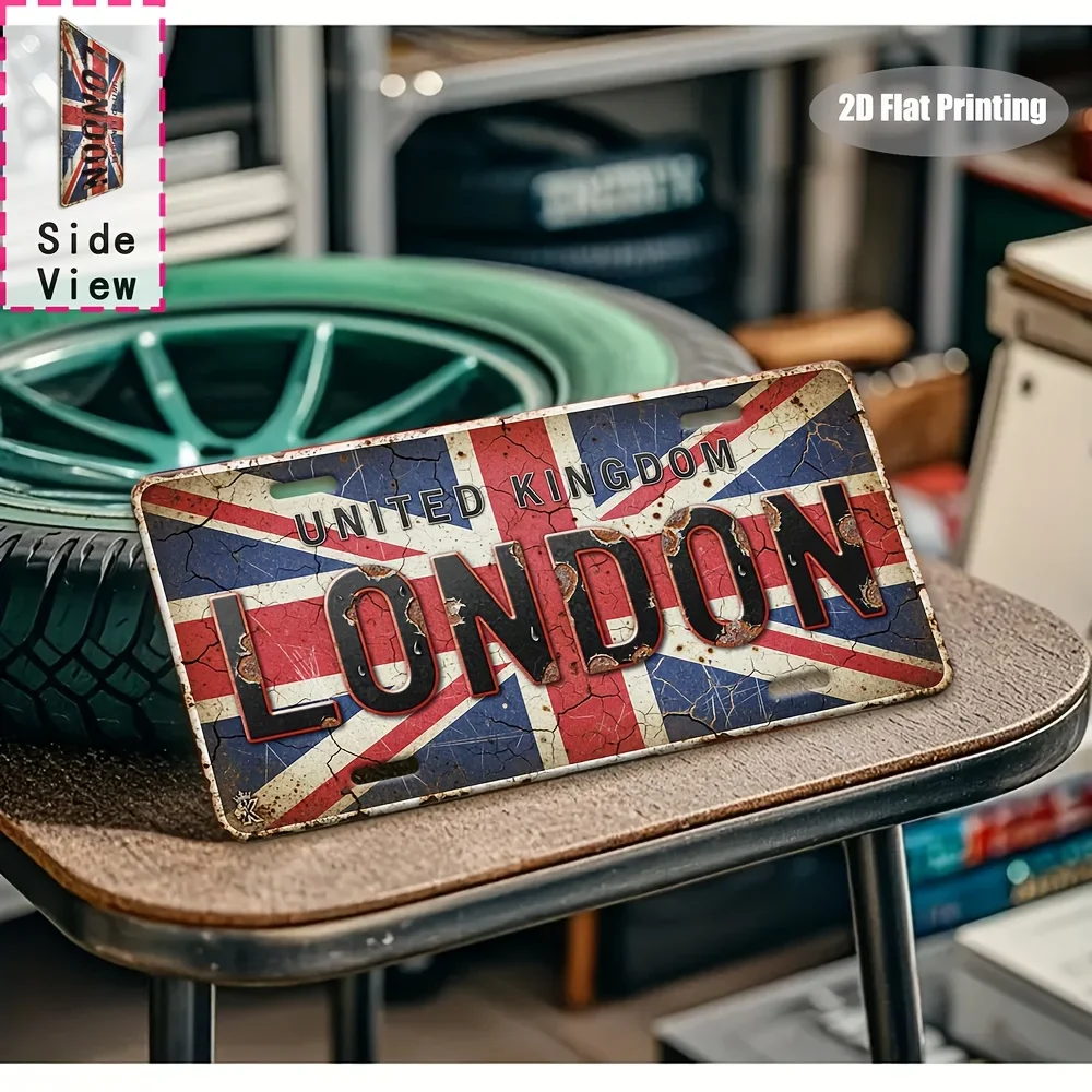 2D Flat Print Retro London Aluminum License Plate, Country Wall Decor for Home Garage Cafe Bar Man Cave