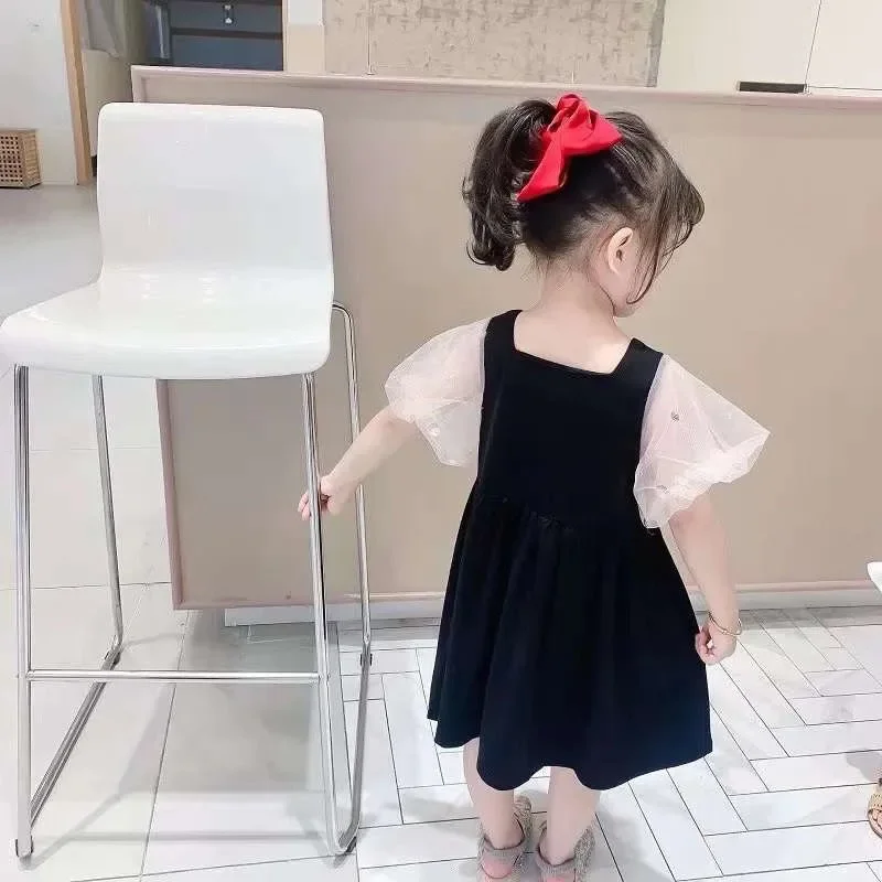 Summer Girls' Dress Net Yarn Stitching Puff Sleeve Splicing Love Sweet Princess Dress Korean Style Baby Kids Children'S Clothing