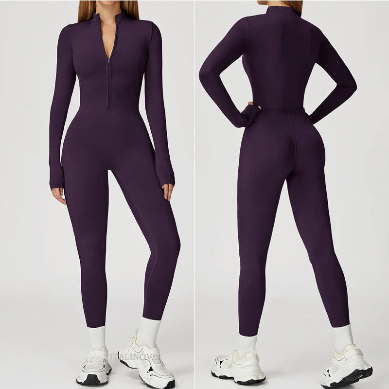 VITALINOVO Damen-Trainingsanzug mit Fleece-Futter, langärmlig, mit Reißverschluss, Yoga-Overall, Winter, warm, Thermo-Einteiler, figurbetonte Hose – Detail 4